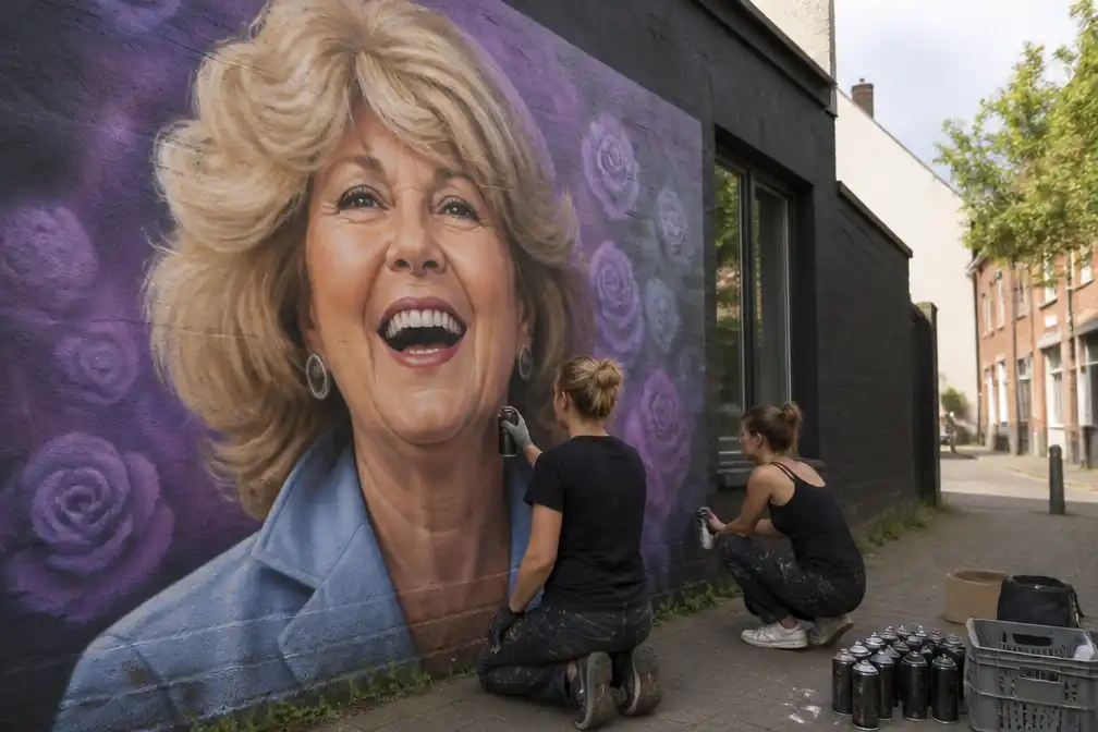 Nederlandse zussen schilderen muurschildering voor Margriet Hermans in Turnhout
