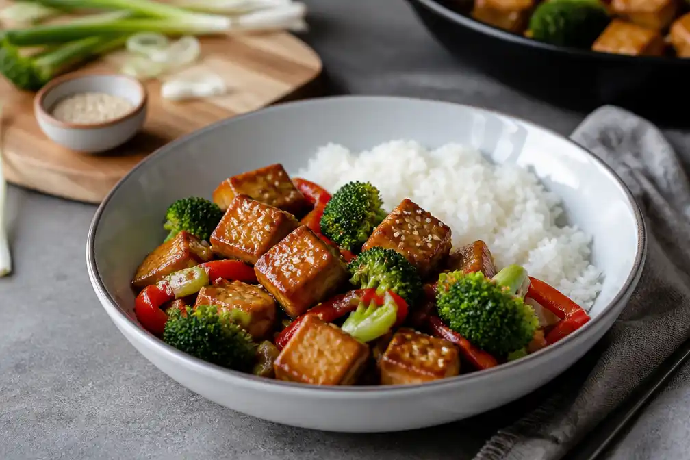 Sticky tofu met groente en rijst gepresenteerd als budgetproof vega gerecht