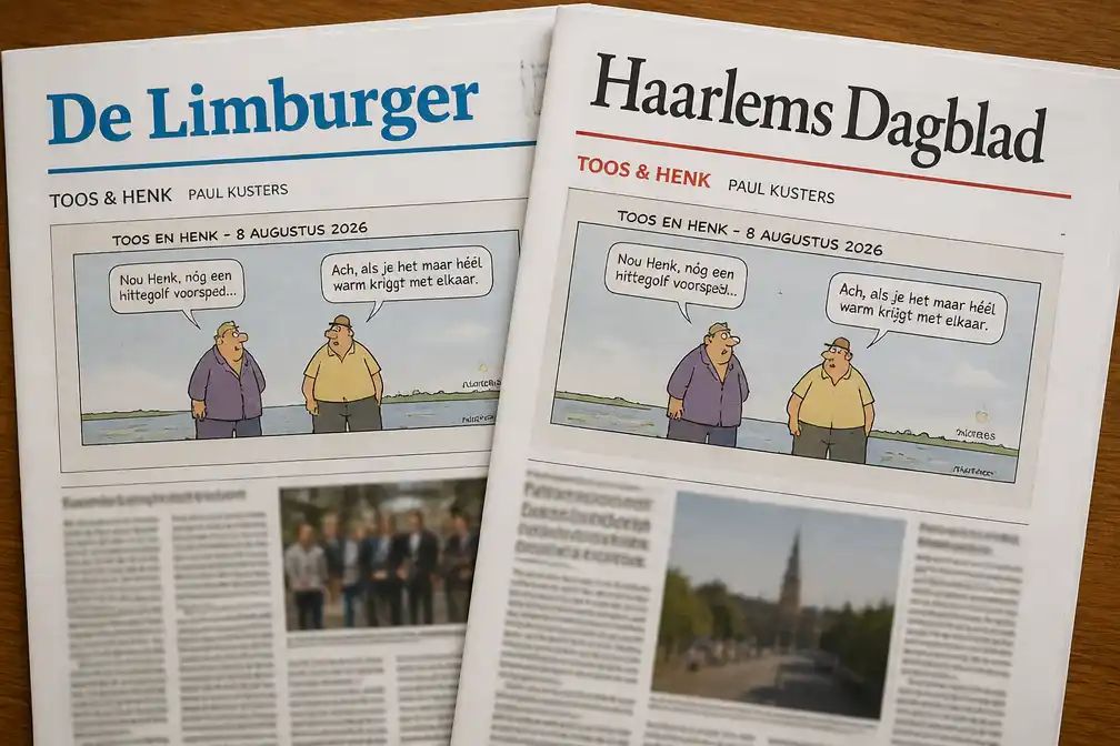 Cartoon 'Toos en Henk' van Paul Kusters op 8 augustus 2026 in twee kranten