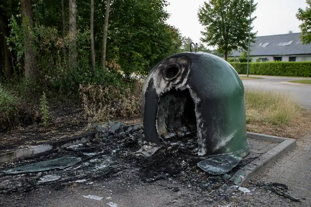 Glascontainer in brand gestoken nabij bos in Baarle-Hertog; burgemeester spreekt van onaanvaardbaar