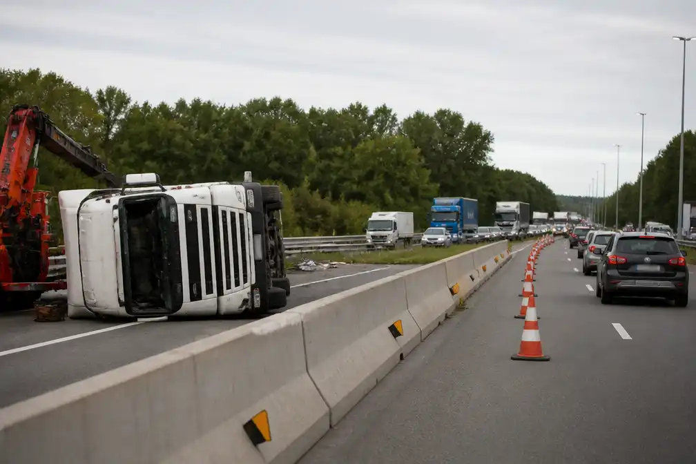 Vrachtwagen gekanteld op E40 bij Brugge: twee rijstroken versperd, file loopt op