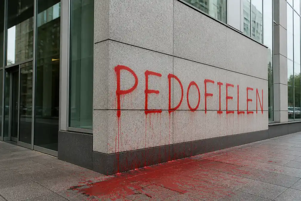 Rechtbank Rotterdam beklad met rode verf en woord 'pedofielen'