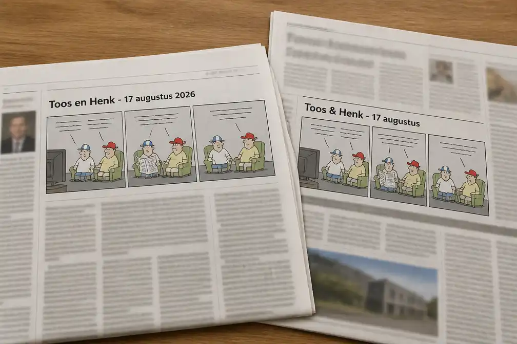 Cartoon 'Toos en Henk' van Paul Kusters op 17 augustus in De Limburger en Haarlems Dagblad