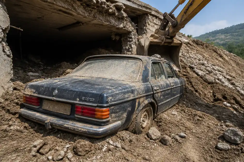 Mercedes na bijna 40 jaar onder aardverschuiving in Zuid-Italië opgegraven