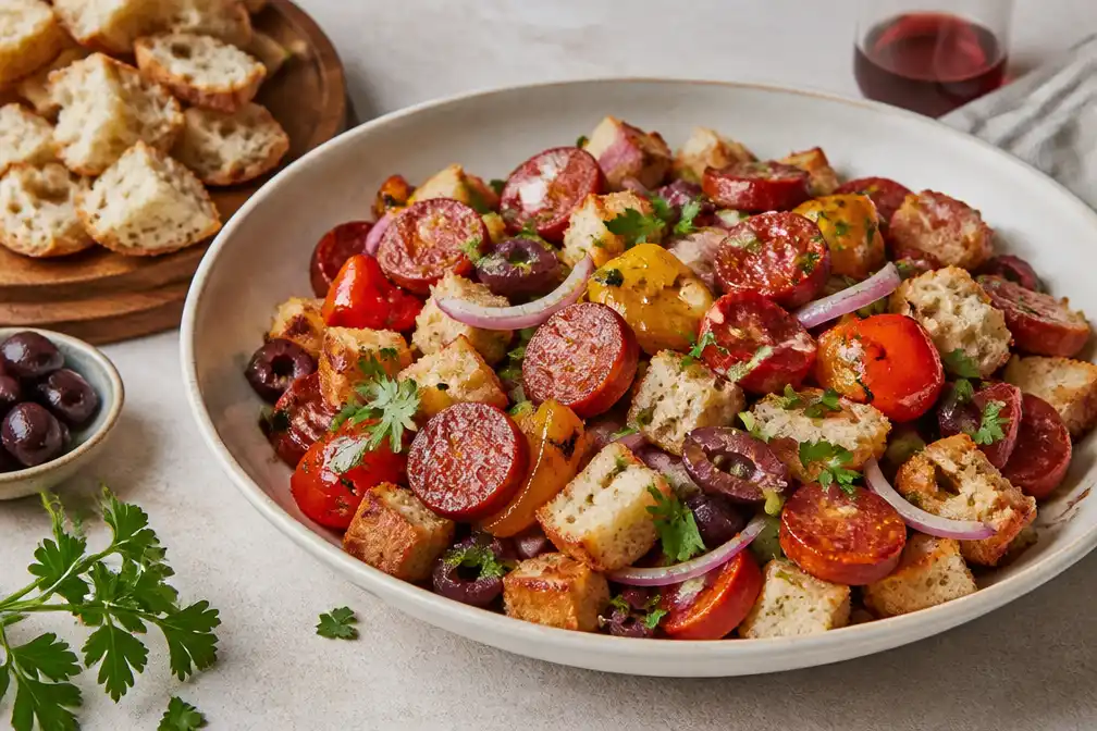 Broodsalade met chorizo en paprika centraal in Wat Eten We Vandaag