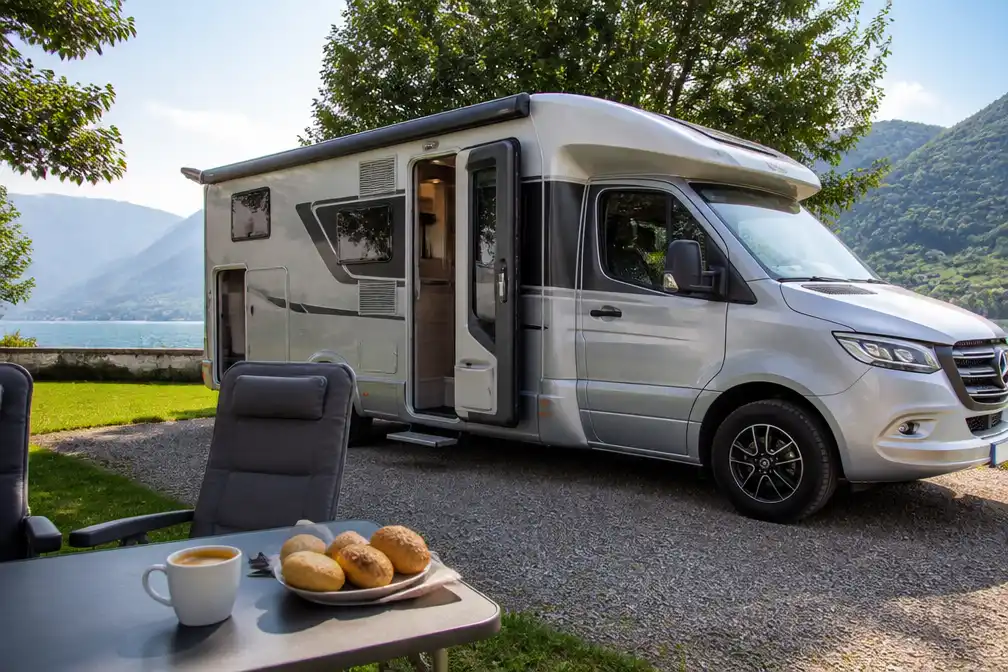 Moderne kampeerauto's verwennen met ovenbroodjes, espresso en waterpas