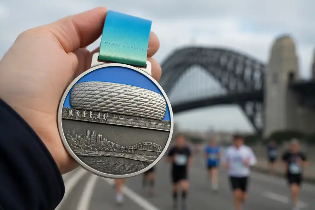 Medaille Sydney Marathon toont per ongeluk stadion München