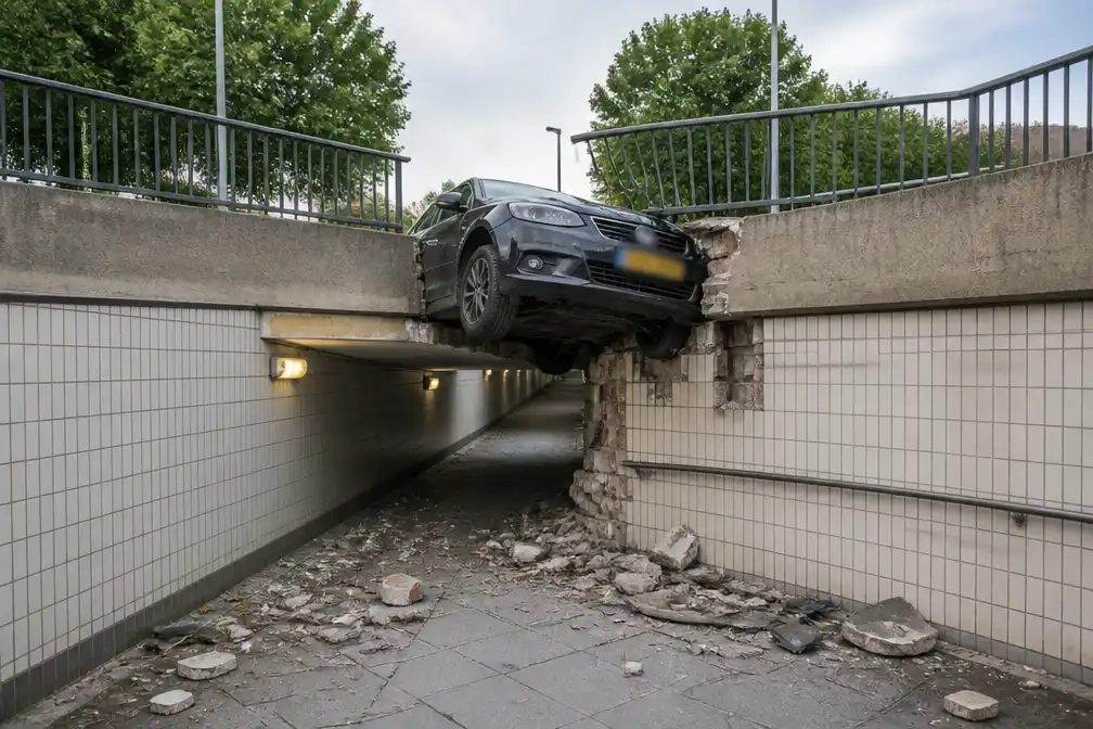 Auto hangt boven voetpad na crash door muur in Rijswijk