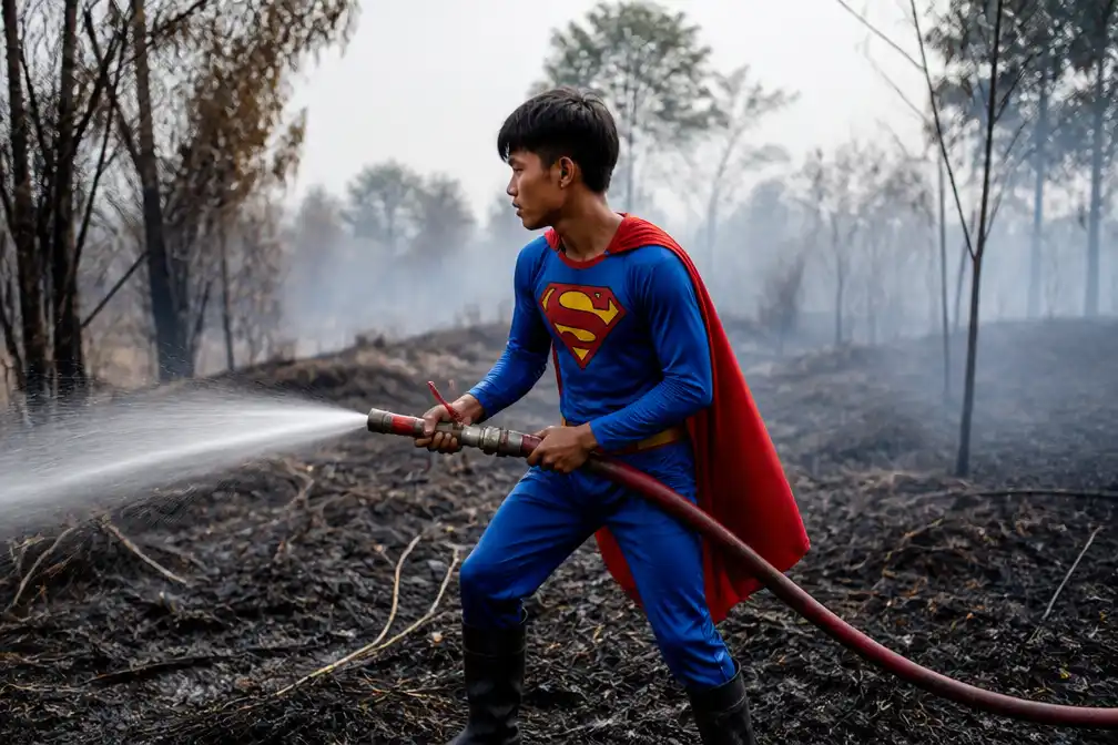 Indonesische tiener in supermanpak bestrijdt bosbranden en wordt held