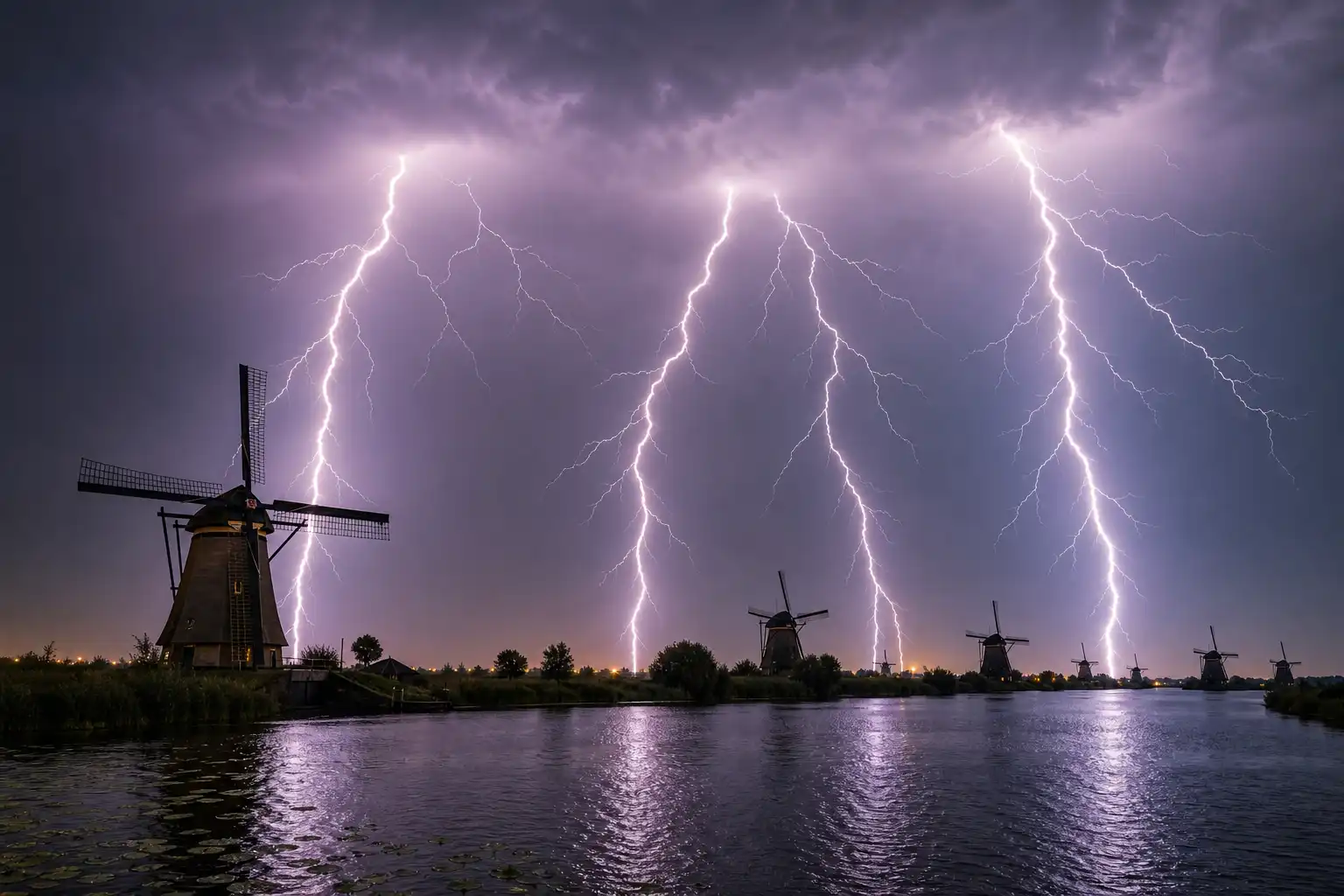 Stormjager legt vier bliksemschichten vast in één foto bij Kinderdijk