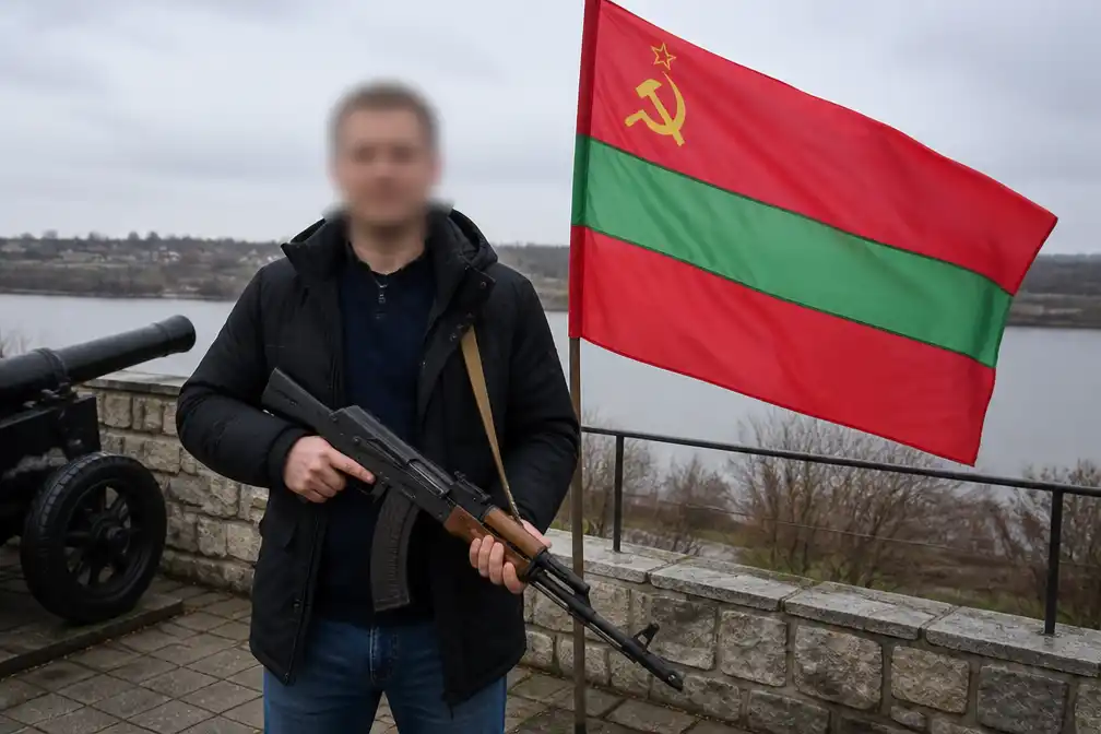 Wethouder Tom de Nooijer poseert met pro-Russische vlag en kalasjnikov in Transnistrië