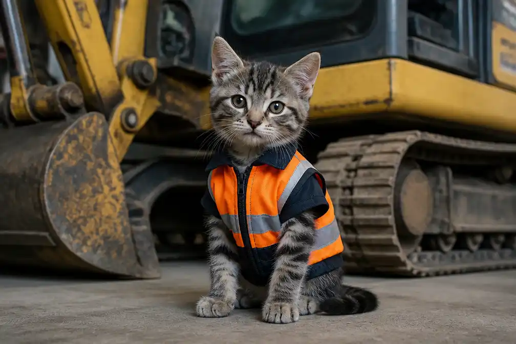Kitten gered uit graafmachine wordt officiële werkplaatskat van bouwbedrijf