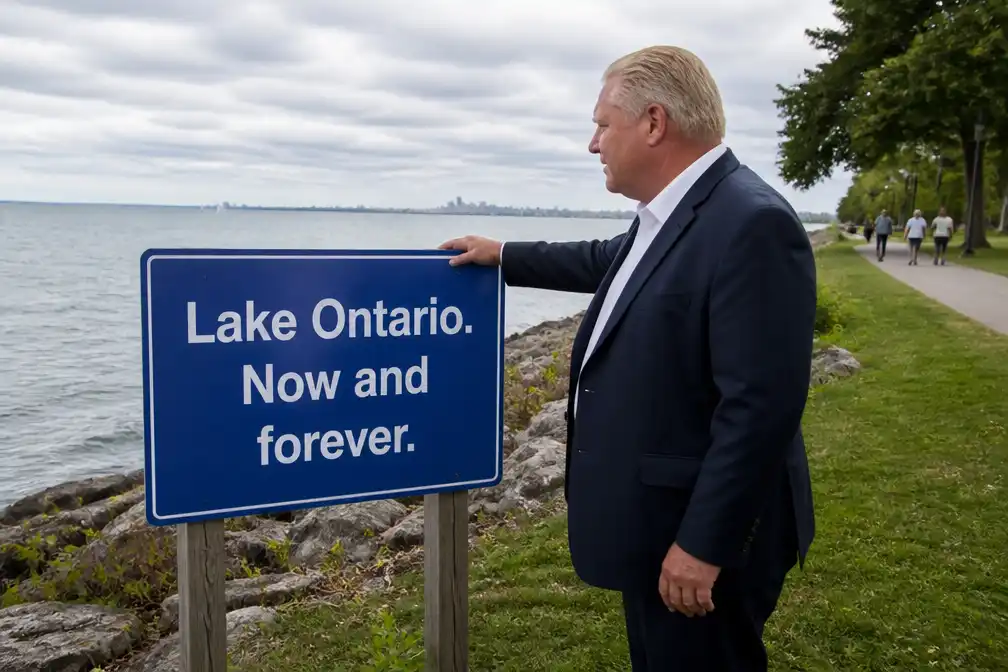 Premier Ontario plaatst bord 'Ontariomeer, nu en altijd' na hernoeming door Trump