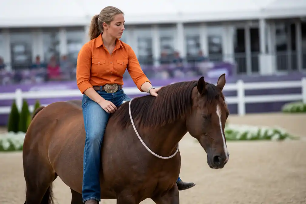 Nederlandse amazone Daantje Bos rijdt op WK paardensport zonder hoofdstel