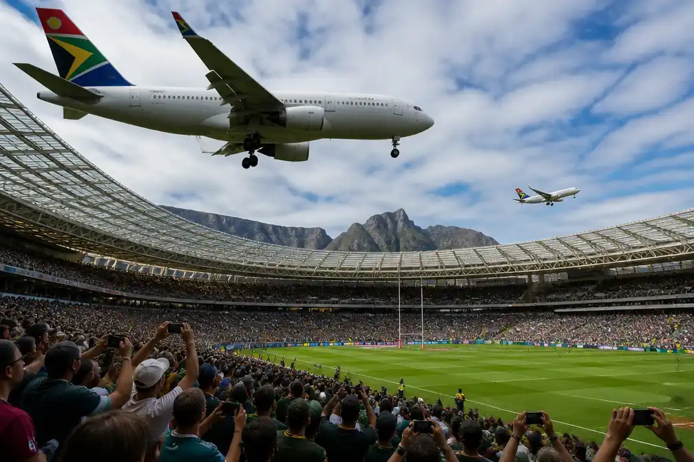 Passagierstoestellen vliegen op 15 meter boven vol stadion in Kaapstad, ophef volgt
