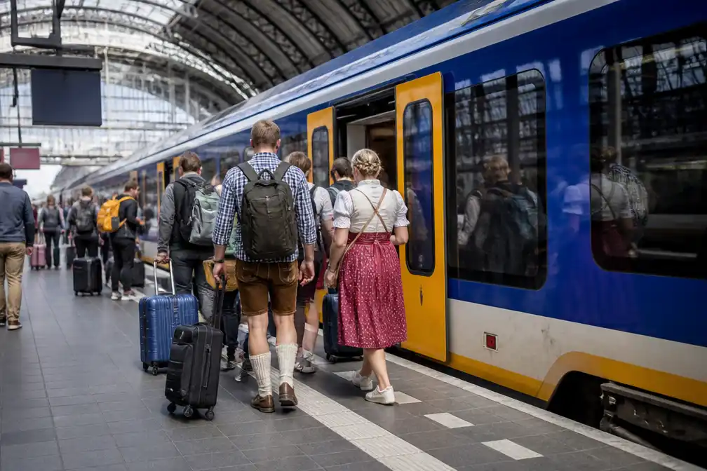Drukker op treinen en bussen richting Duitsland door Oktoberfest