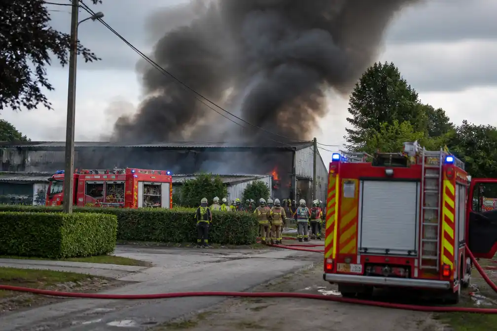 Grote brand in loods met twintigtal wagens bij garage in Zwalm