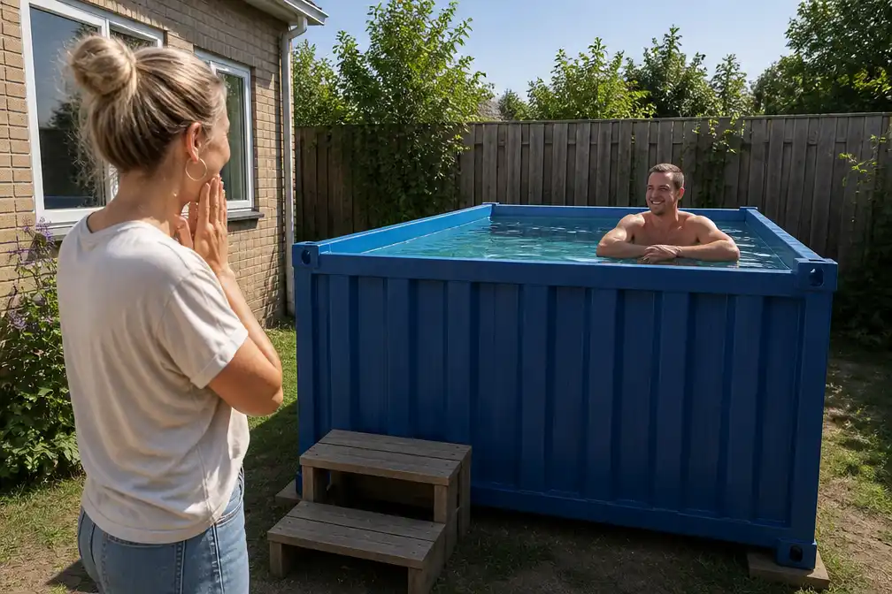 Man gaat voor opblaaszwembad, komt terug met bouwcontainer omgetoverd tot zwembad