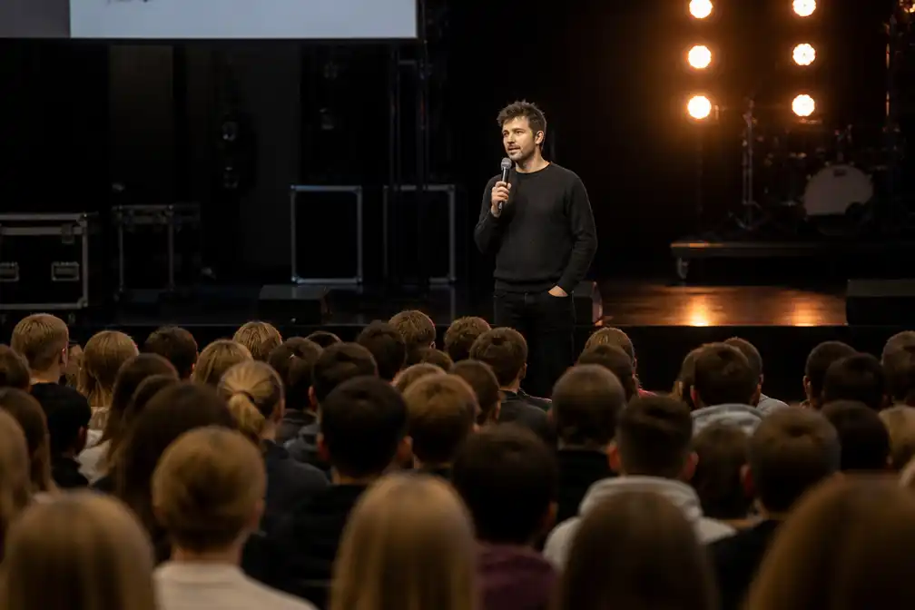 Bazart-zanger Mathieu Terryn opent academiejaar PXL Hasselt in vroegere Versuz