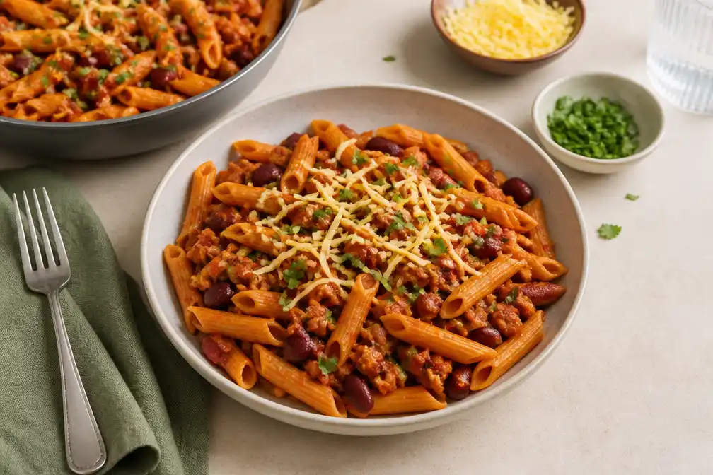 Snelle veganistische penne met chilibonen-tomatensaus verschenen op 21 september 2026