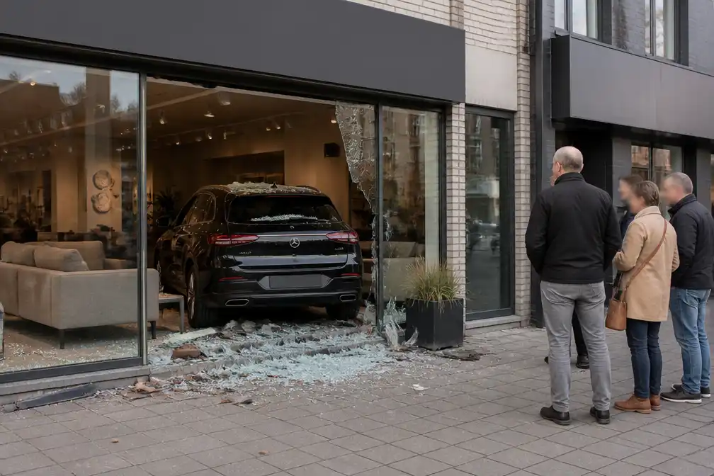 Vrouw (50) rijdt vitrine meubelzaak AFIO in Wevelgem binnen na onwelwording