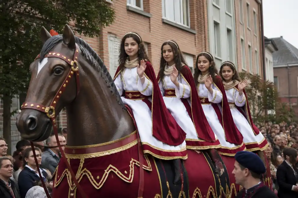 Vier zussen voor het eerst op Ros Beiaard tijdens Ballonnekensstoet in Duffel