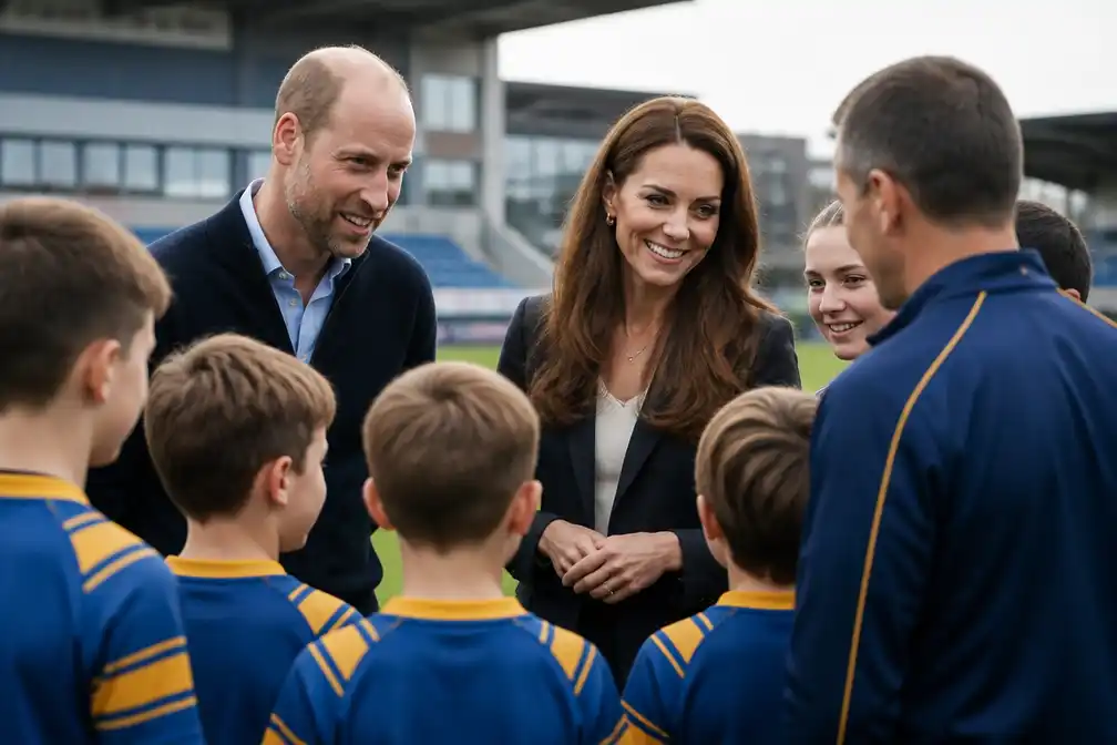 Prins William en prinses Catherine ontmoeten jonge rugbyers bij Leeds Rhinos