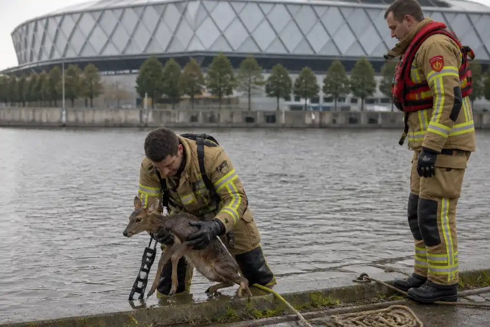 Brandweer Antwerpen redt Chinese muntjak uit Lobroekdok