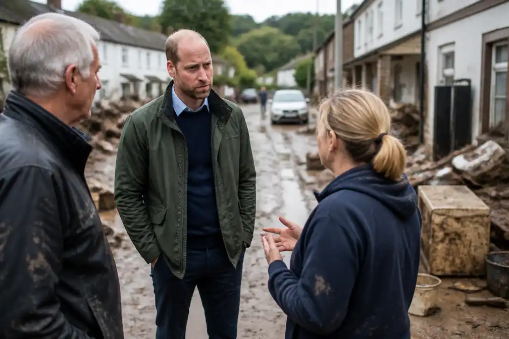 Prins William spreekt in Wales met getroffen bewoners na overstromingen