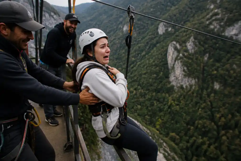 Doodsbange toeriste in Rusland van zipline geduwd, instructeurs en echtgenoot lachen