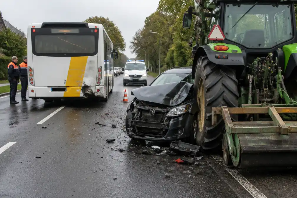 Automobiliste (29) botst bij mislukte inhaalmanoeuvre op bus en landbouwvoertuig in Jabbeke