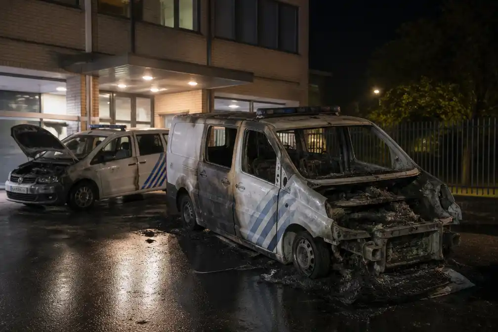 Politievoertuig brandt uit aan commissariaat in Haren, tweede wagen beschadigd