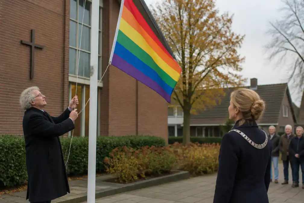 Burgemeester Oldebroek bij hijsen regenboogvlag in Wezep