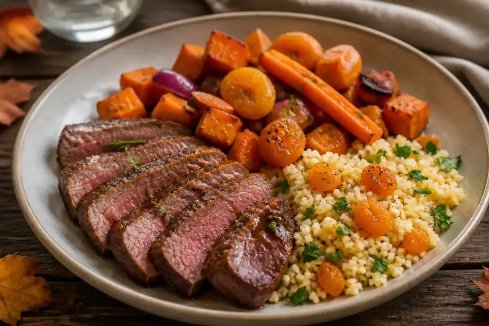 Hertenbiefstuk met geroosterde groente en couscous als herfstgerecht