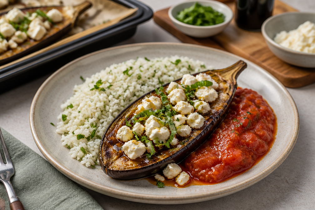 Gepubliceerd recept: aubergine uit de oven met feta, muntrijst en tomatensaus