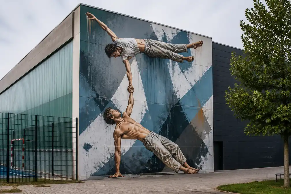 Negen meter hoge acrobaten sieren sporthal van GO! Atheneum Berchem