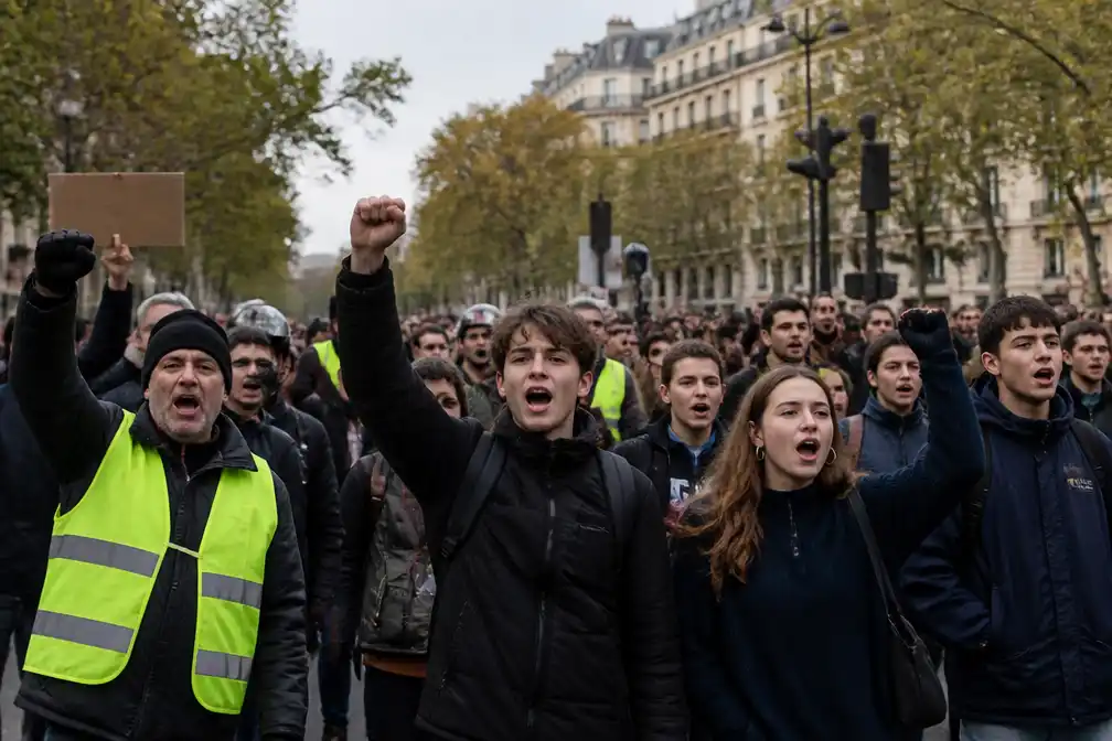 Franse scholieren en Gele Hesjes demonstreren samen voor koopkracht