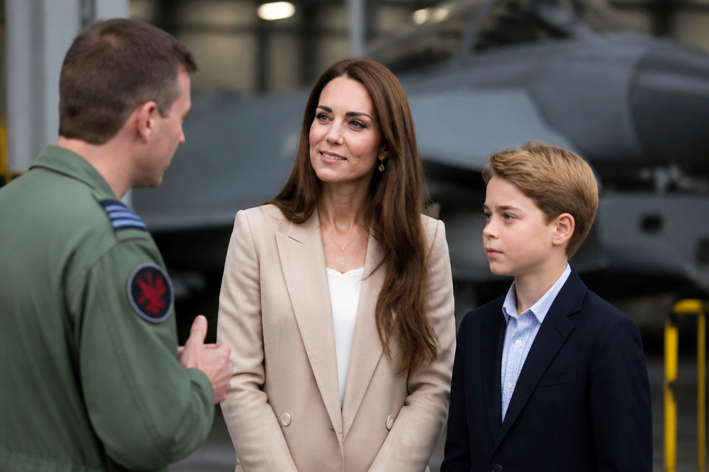 Prinses Catherine en prins George bezoeken vliegbasis RAF Coningsby