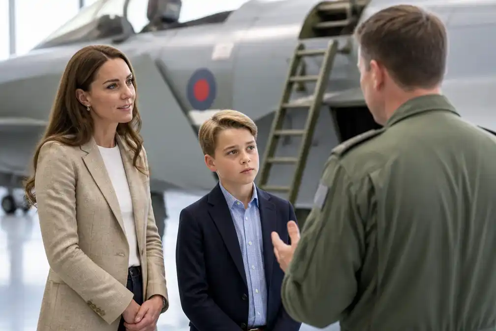 Prinses Catherine en prins George bezoeken vliegbasis RAF Coningsby