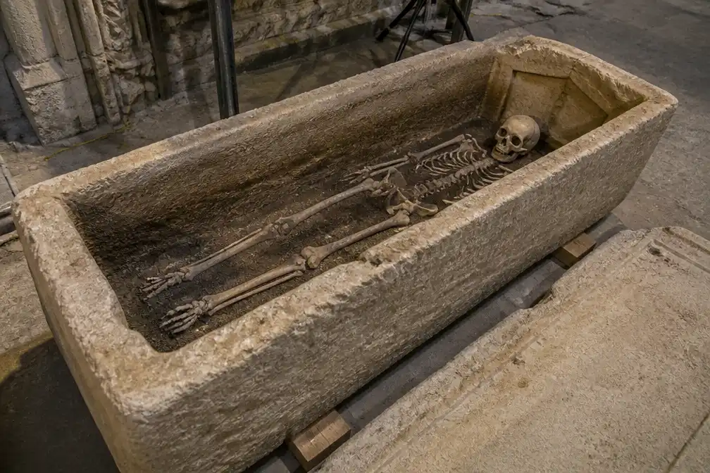 Skelet in Romeinse sarcofaag Westminster Abbey waarschijnlijk 11e-eeuwse abt