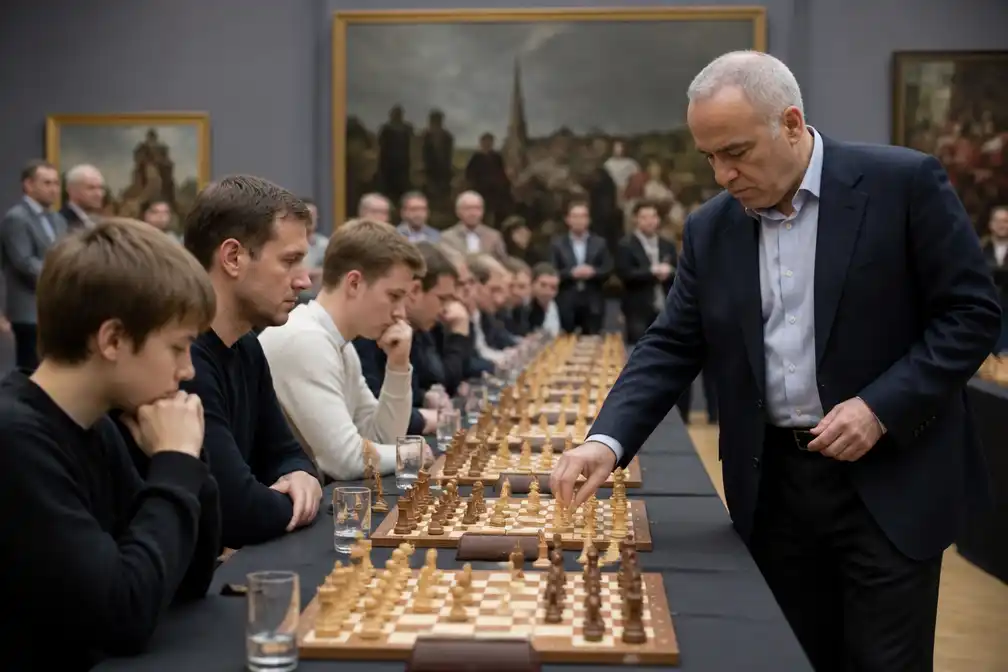 Kasparov speelt simultaanwedstrijd tegen twintig tegenstanders in KMSKA