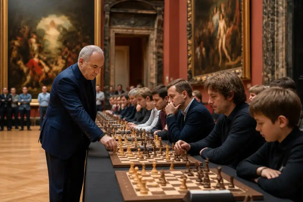 Garry Kasparov speelt simultaan tegen twintig tegenstanders in KMSKA