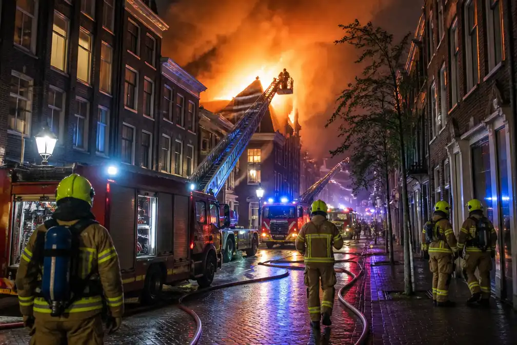 Grote brand in Kerkstraat in Delft, brandweer vreest overslag naar buurpanden