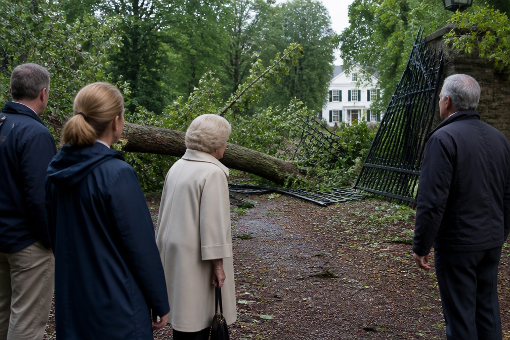 Prinses Beatrix inspecteert stormschade bij kasteel Drakensteyn