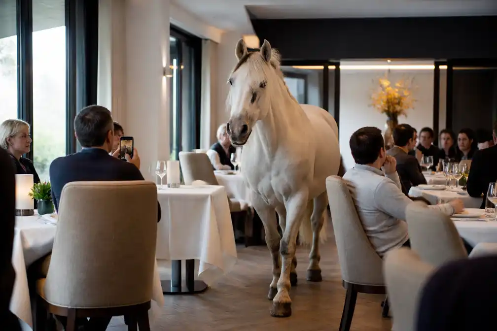 Paard wandelt tijdens de lunch een bistro van een vijfsterrenhotel in Lanaken binnen