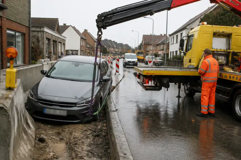 Auto rijdt zich klem bij wegenwerken in Fonteinstraat in Denderleeuw en moet worden getakeld