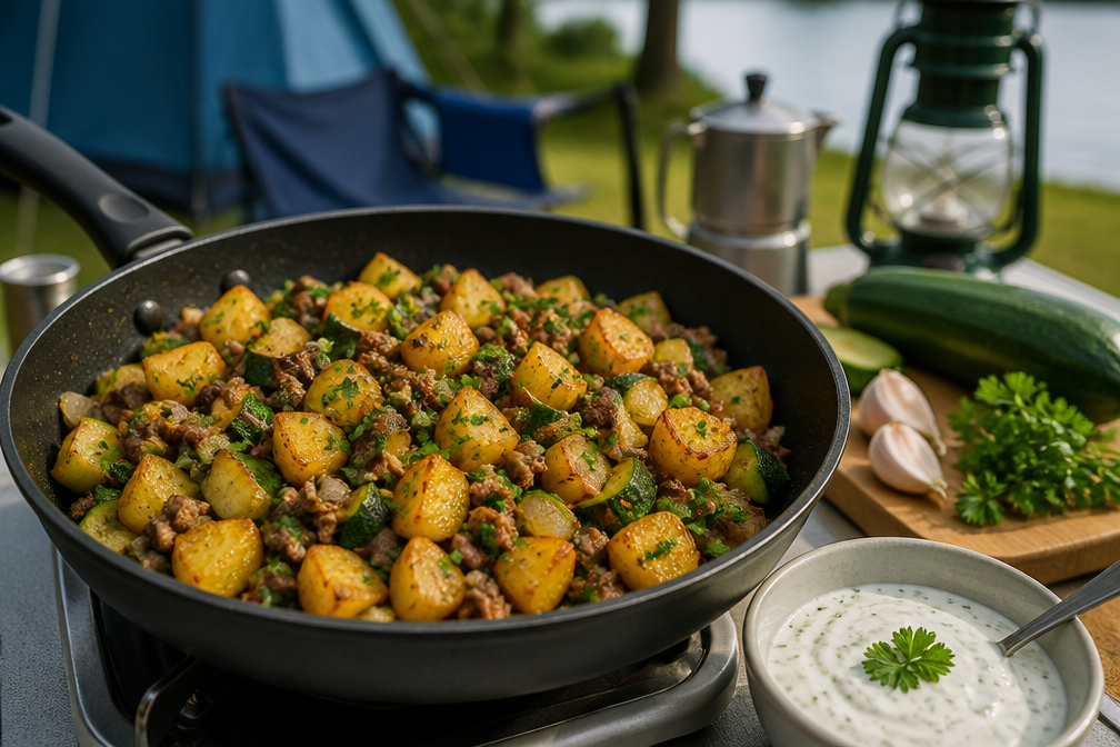 Kampeerrecept: gebakken aardappeltjes met courgette en gehakt