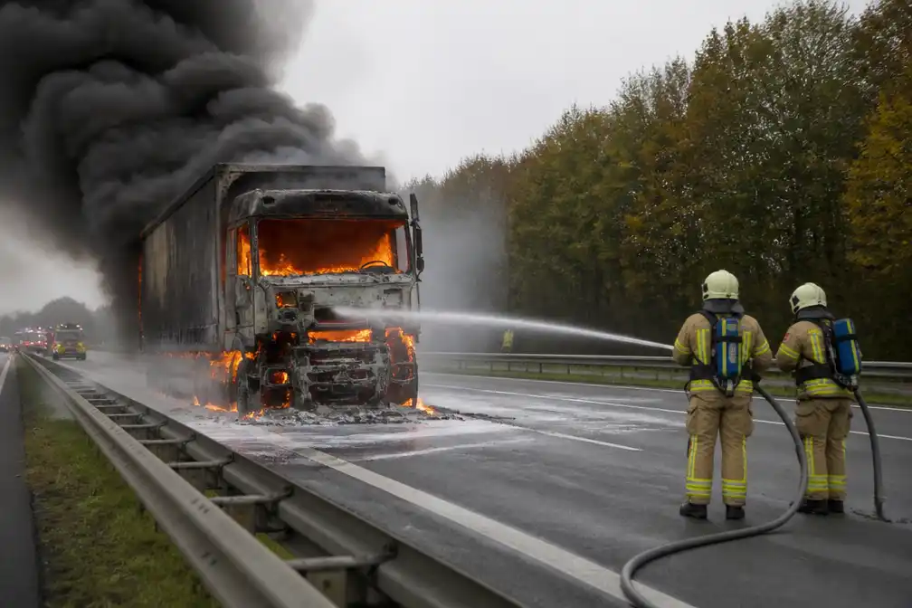 Brandende vrachtwagen versperrt E40 in Nevele richting Gent, omleiding via Drongen