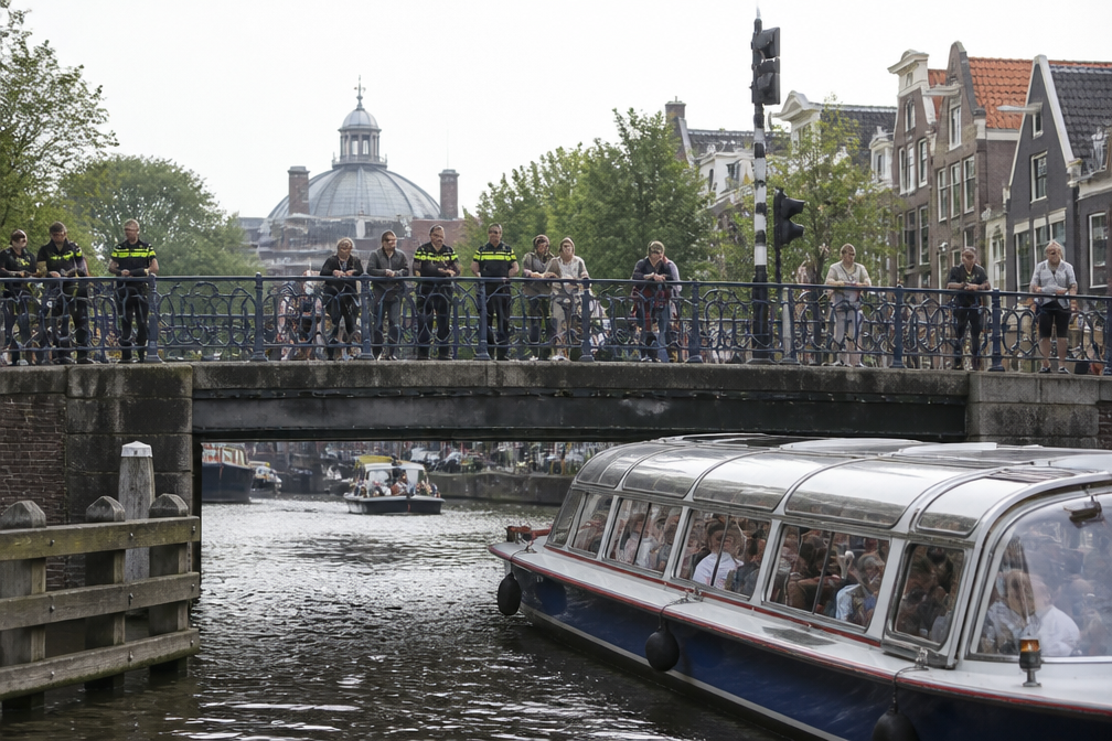 Jongen van Amsterdamse brug geduwd op rondvaartboot, zwemt weg