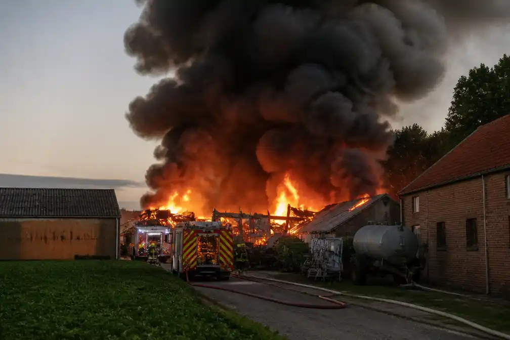 Zware brand verwoest stal van landbouwbedrijf in Kruiseke, rookpluim kilometers ver zichtbaar